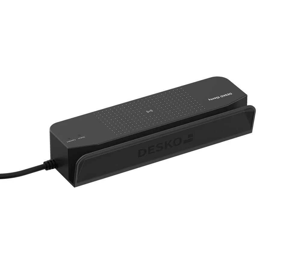 Black compact swipe reader on neutral background - DESKO IDenty