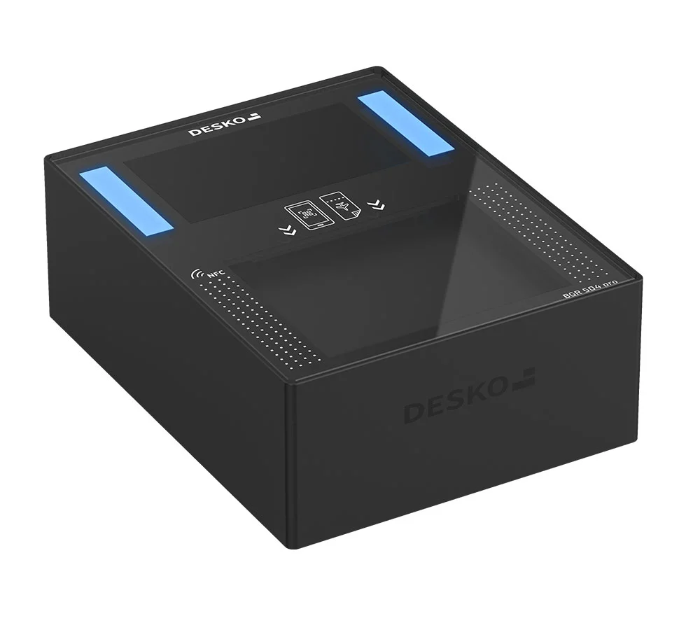 Black barcode scanner with display and large LEDs on a grey background - DESKO BGR 504 pro