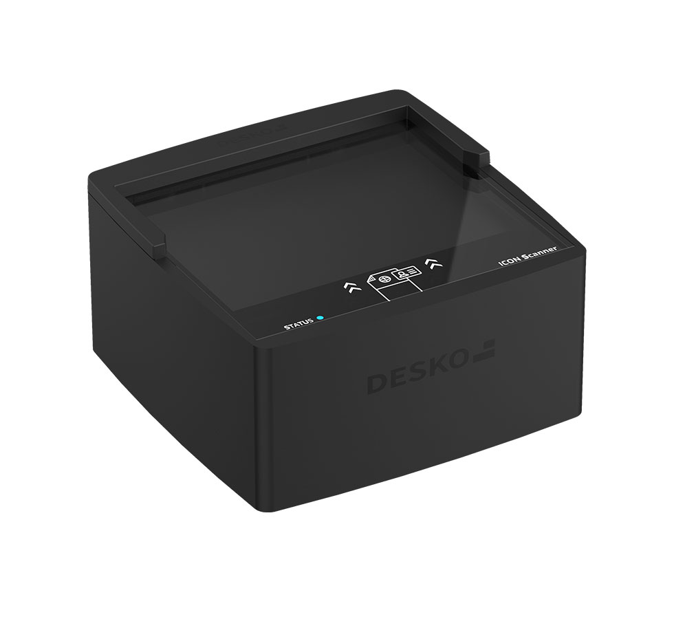 schwarzer Passscanner auf einem neutralen Untergrund - DESKO ICON Scanner