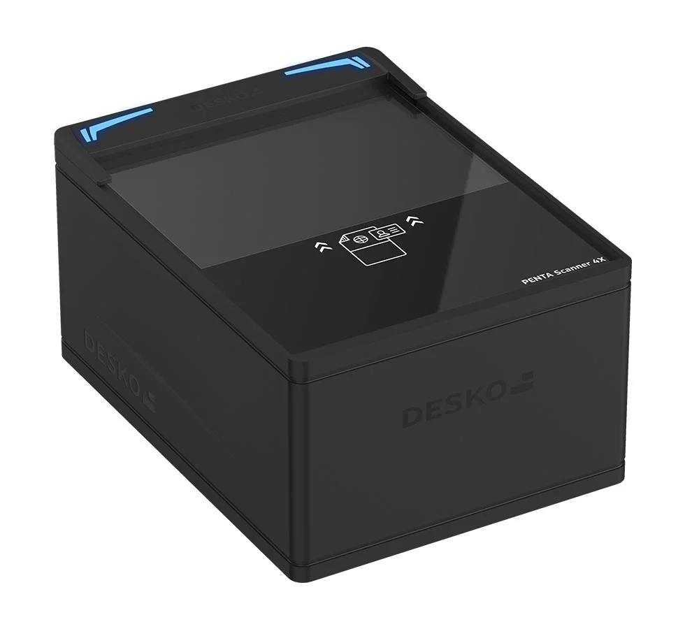 black passport scanner with blue LEDs on neutral background - DESKO PENTA Scanner 4X