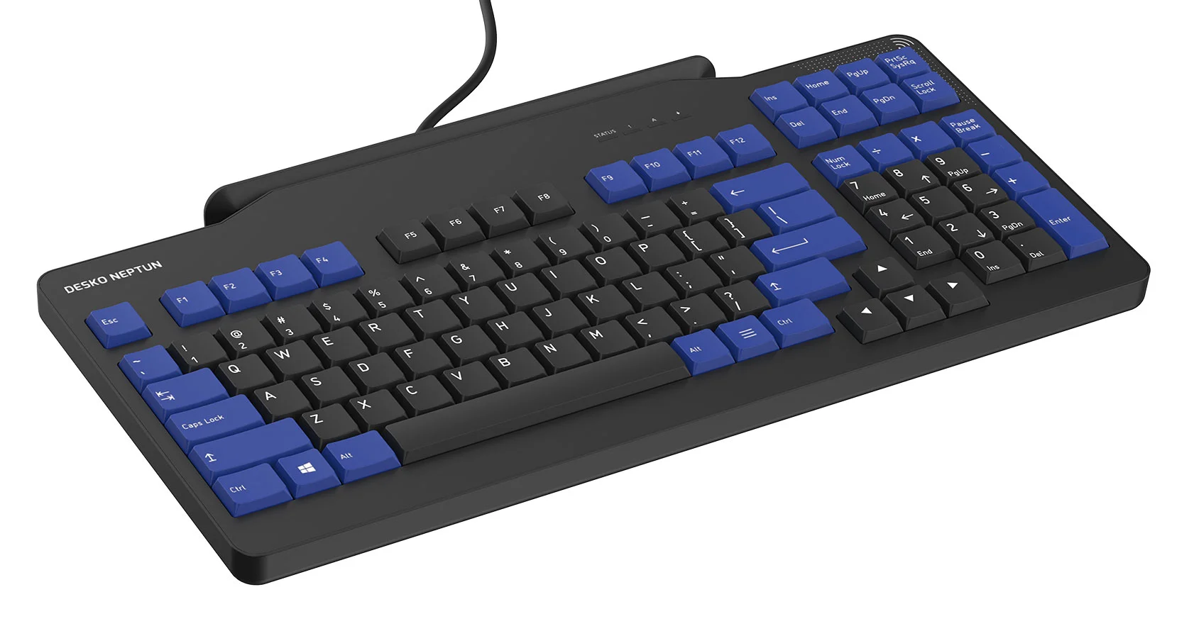Keyboard with black and blue keys from DESKO on a grey background - DESKO NEPTUN