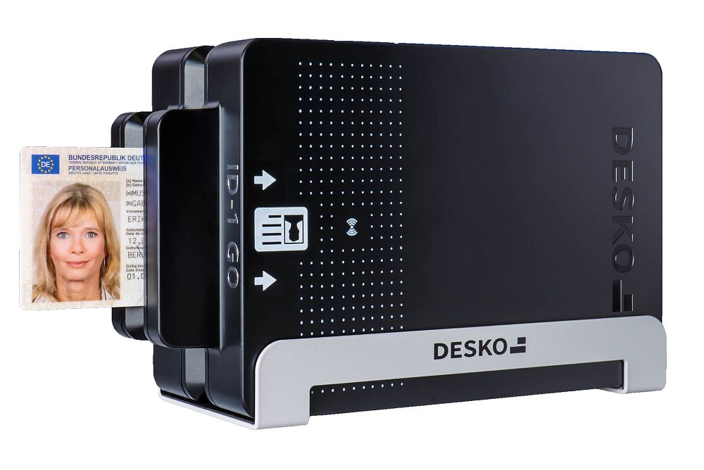 Photo of a compact card reader into which an ID card has been inserted.