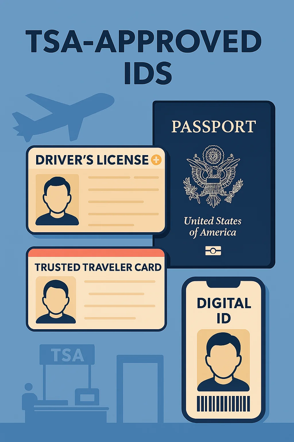 Repr&eacute;sentation de diff&eacute;rents documents d'identit&eacute; physiques et num&eacute;riques avec un avion et un point de contr&ocirc;le TSA et un avion en arri&egrave;re-plan.