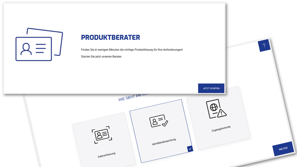Darstellung von zwei Screenshots des DESKO Produktkonfigurators. Ein Bild zeigt die Startseite und ein weiteres Bild die Seite mit dem ersten Schritt.