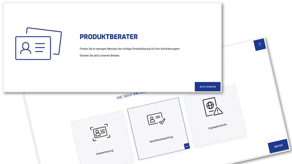 Darstellung von zwei Screenshots des DESKO Produktkonfigurators. Ein Bild zeigt die Startseite und ein weiteres Bild die Seite mit dem ersten Schritt.