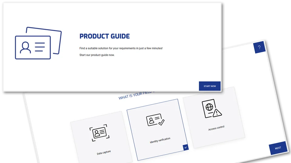 Presentation of two screenshots of the DESKO product guide. One image shows the start page and another image shows the page with the first step.