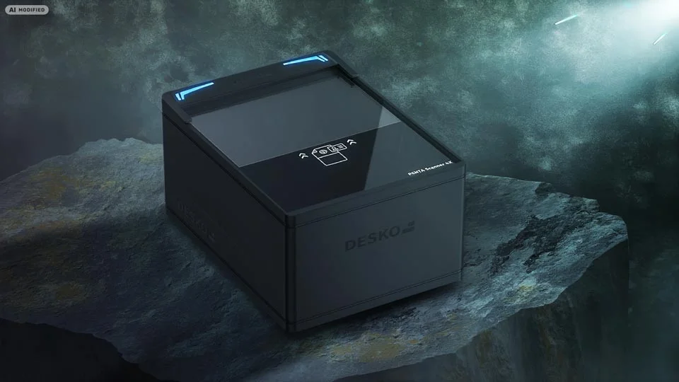 Modificado con IA: esc&aacute;ner DESKO PENTA 4X frente a un fondo de piedra