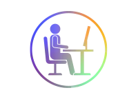 Abstraktes Icon mit Farbverlauf zeigt eine sitzende Person am Schreibtisch mit Monitor.