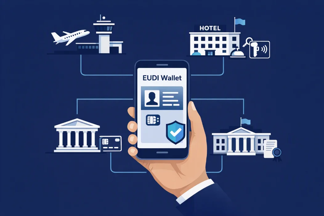 Illustration der EUDI Wallet, die digitale Identit&auml;tsdienste in ganz Europa miteinander verbindet.