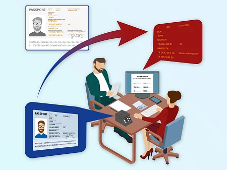 Illustration shows digital process for ID verification with passport data, cards and software at the workplace.
