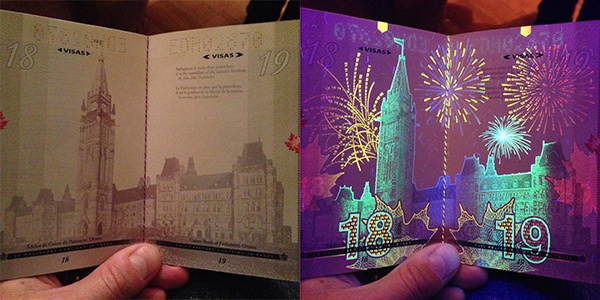 Canadian passport with UV features