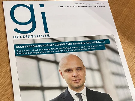 Titelseite der Fachzeitschrift gi Geldinstitute mit Porträt eines Mannes und Artikel über Selbstbedienungsnetzwerke.