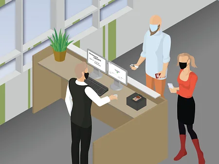 Illustration of a restaurant check: service staff check IDs using a scanner, guests wait with smartphones.