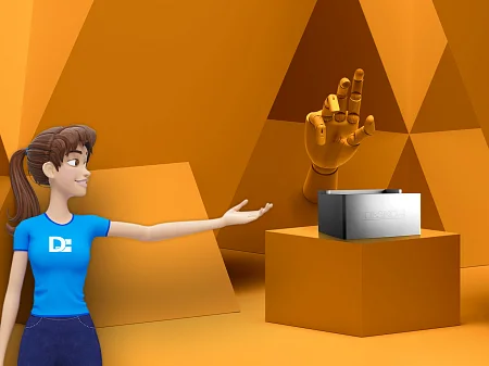 3D-Figur präsentiert ein technisches Gerät auf einem Podest, daneben schwebt eine goldene Hand in moderner Szene.