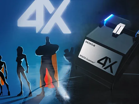 Stylised superhero silhouettes in front of illuminated 4K lettering next to DESKO PENTA Scanner 4X.