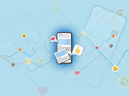 Illustration of a smartphone with profile card, surrounded by likes, hearts and networked communication symbols.
