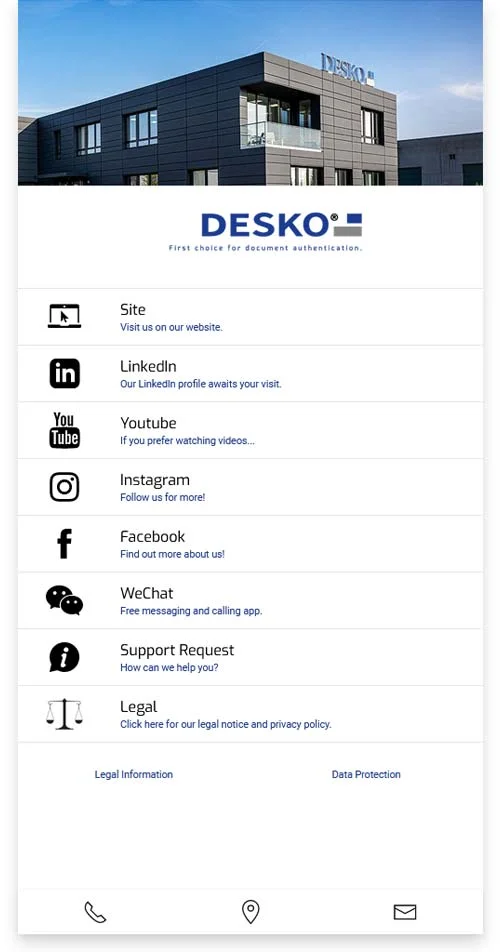 Overview page with DESKO logo, company building and list of links to website, social media, support and legal information.