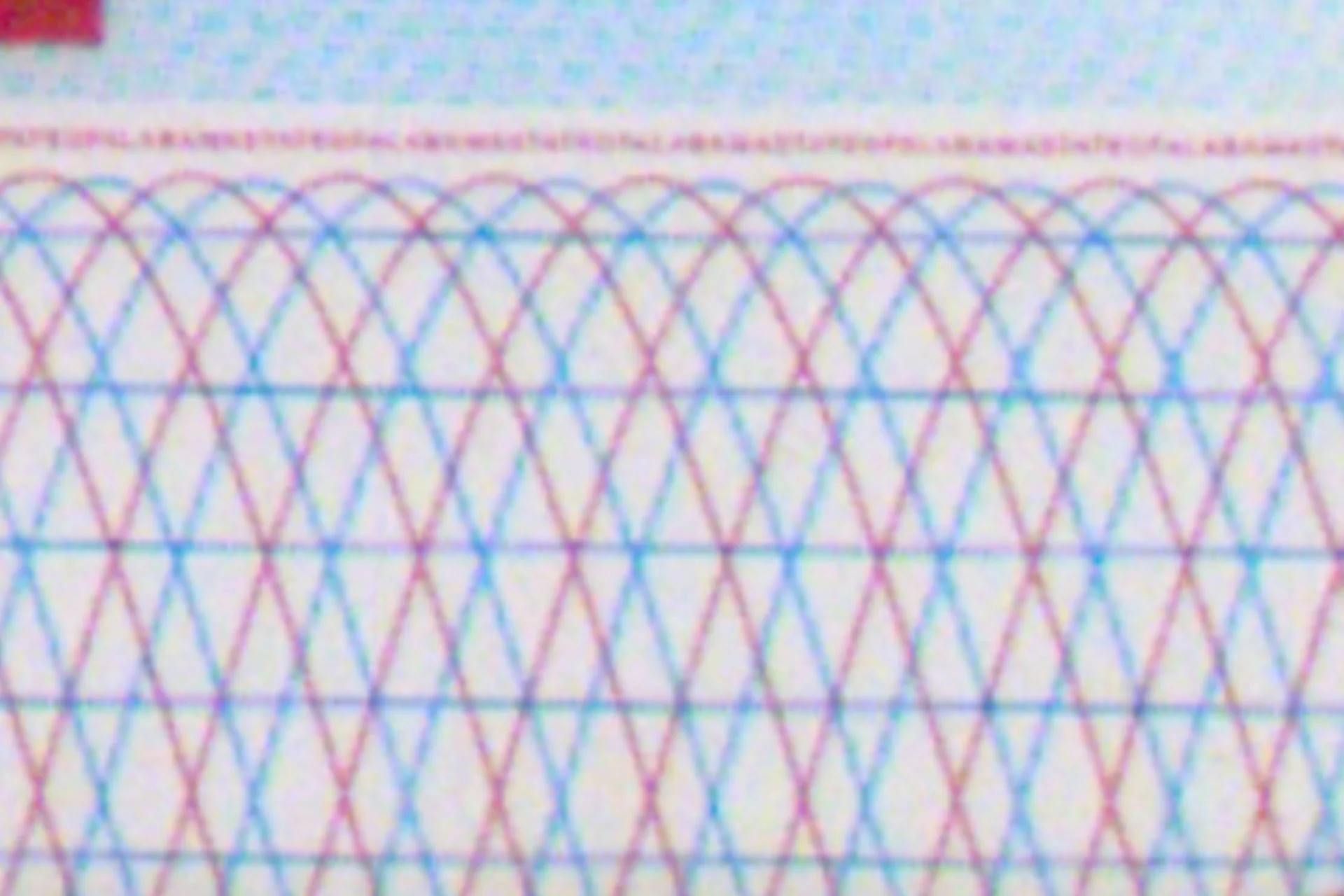 Close-up of a coloured guilloche security pattern as used on identity cards or banknotes.