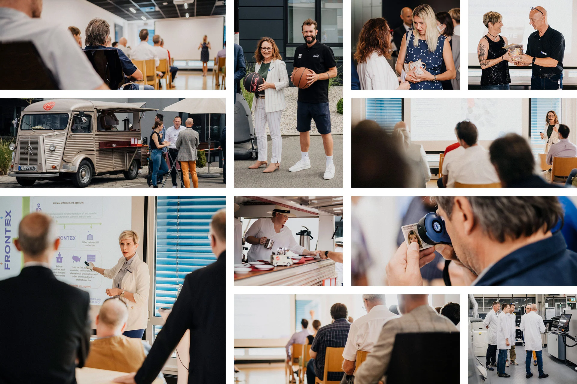 Collage de photos d'un &eacute;v&eacute;nement d'entreprise avec des conf&eacute;rences, des ateliers, des discussions, un match de basket-ball, un foodtruck et des actions d'&eacute;quipe.