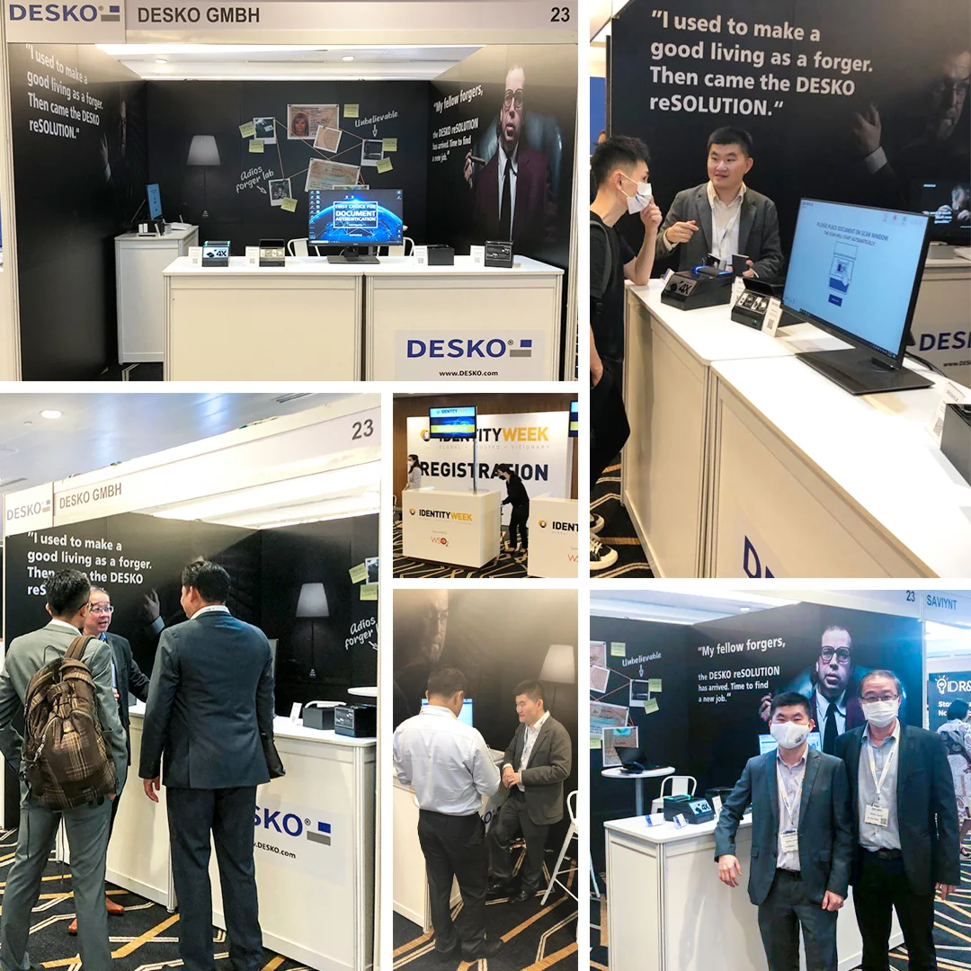 DESKO stand at Identity Week Asia 2022 in Singapore with visitors presenting document and identity verification solutions.