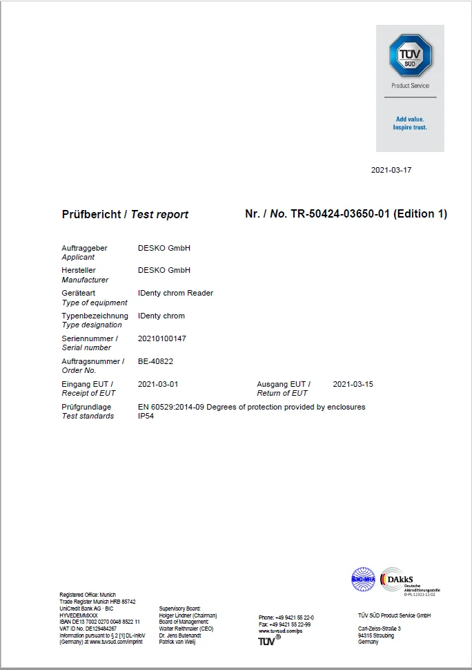 Informe de prueba T&Uuml;V de un lector DESKO Ident chrom Reader con certificaci&oacute;n IP54 documentada para uso profesional.