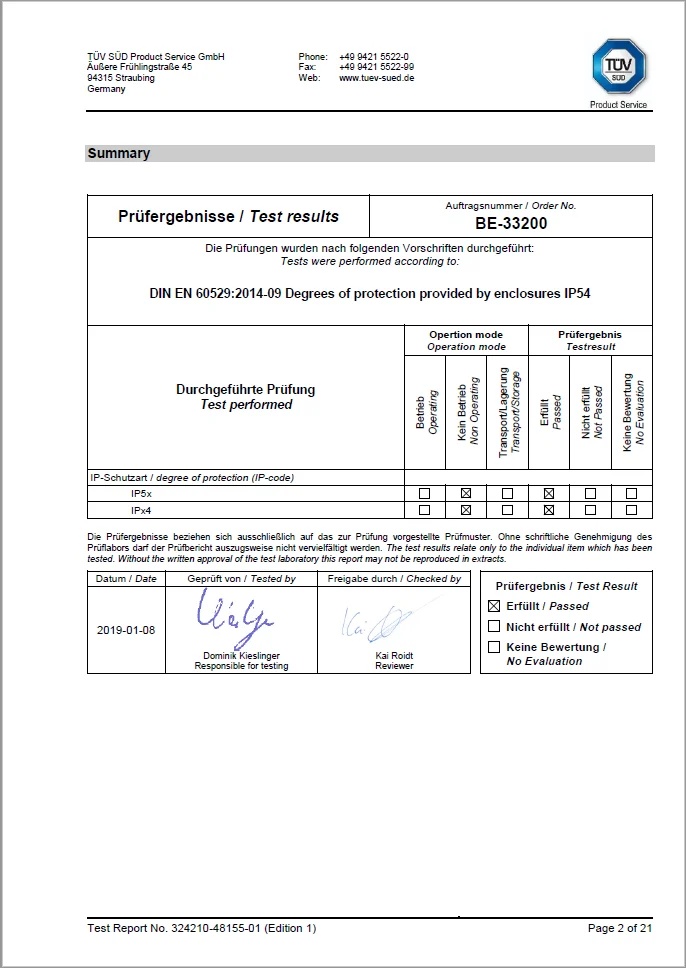 IP54 seg&uacute;n DIN EN 60529: El teclado cromado NEPTUN ha sido probado con &eacute;xito y cumple todos los requisitos seg&uacute;n el informe de la prueba.