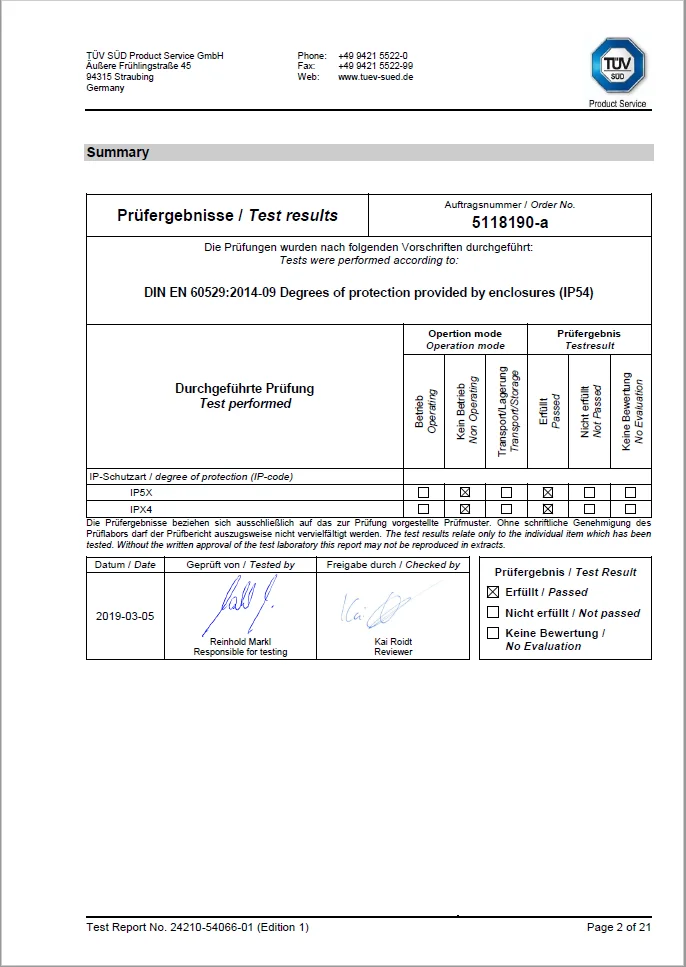 IP54 seg&uacute;n DIN EN 60529: El PENTA Scanner Cube supera la prueba T&Uuml;V y cumple todos los requisitos de protecci&oacute;n seg&uacute;n los resultados de la prueba.