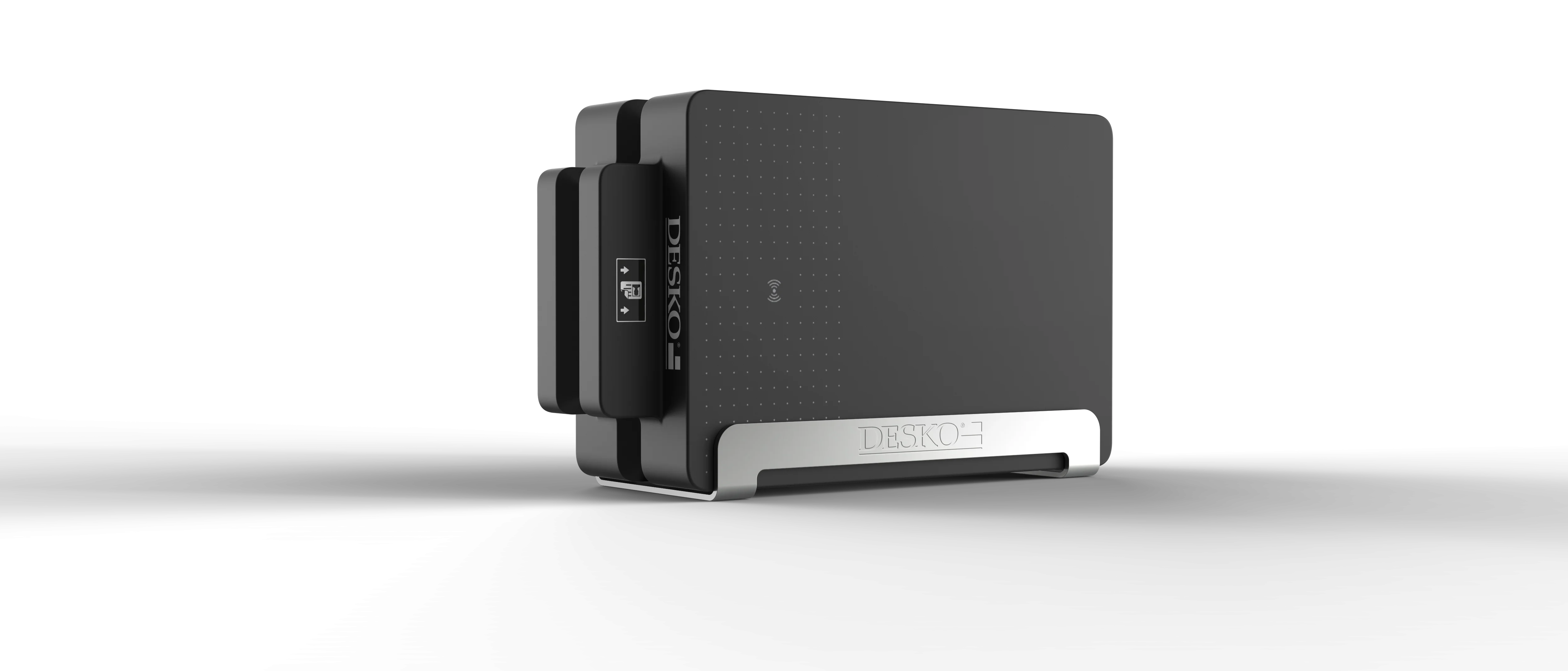 Black DESKO device in a modern design on a transparent background, compact shape with metal base and NFC symbol.