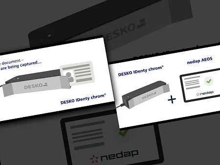 Illustration eines DESKO Identy chrom Dokumentenscanners mit Software-Integration, die Ausweisdaten per Swipe digital erfasst.
