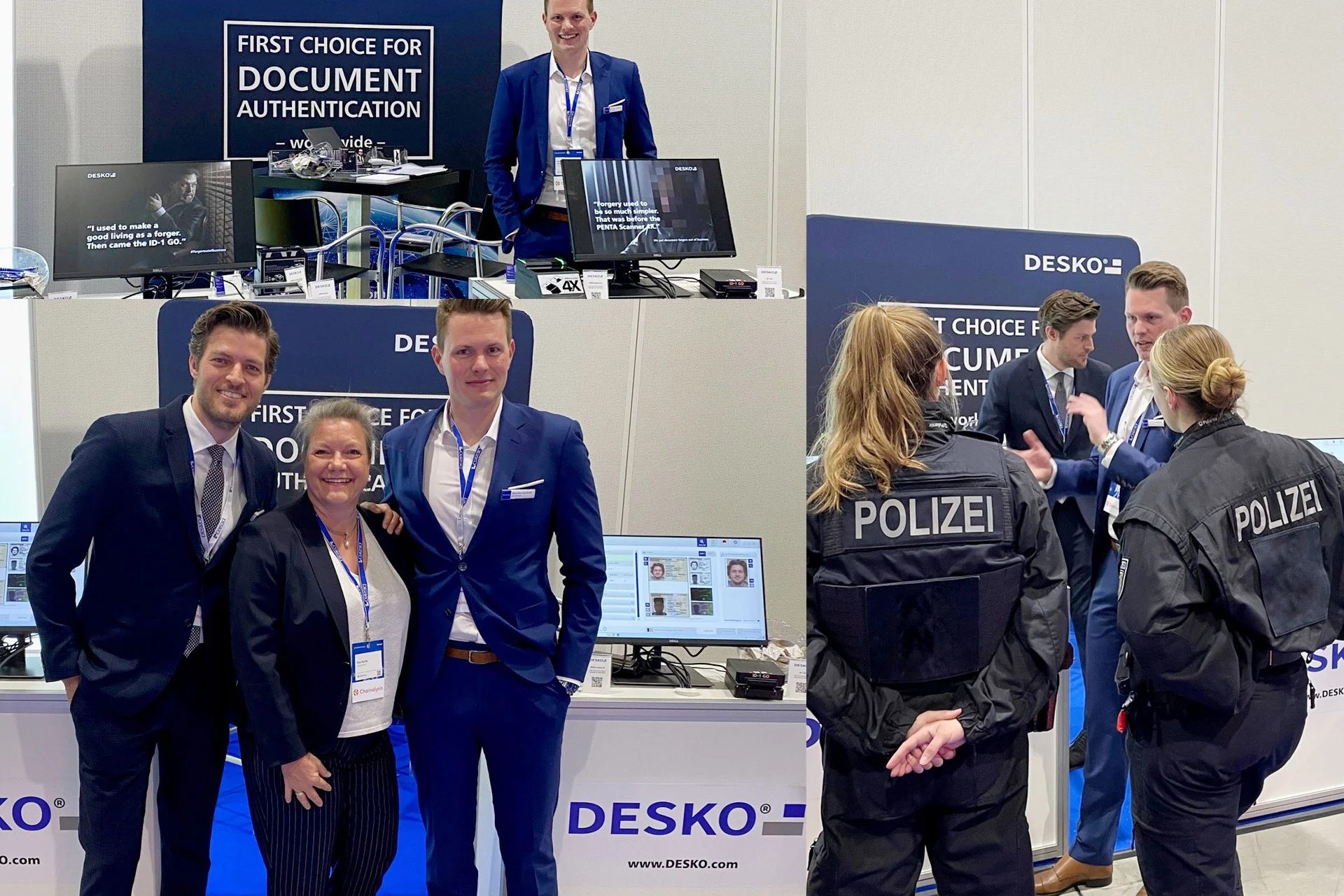 DESKO trade fair stand with employees in dialogue, product displays for document inspection and exchange with police officers.