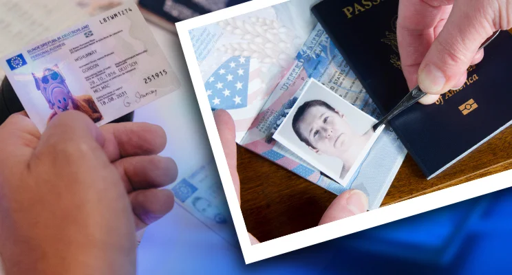 Hands check identity documents and passports, a passport photo is taken and compared with identity data.