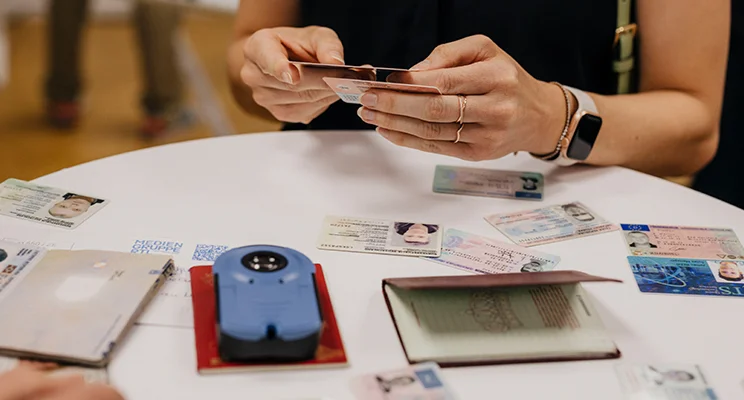A woman checks several identity documents on a table, passports and a document scanner lie next to her.