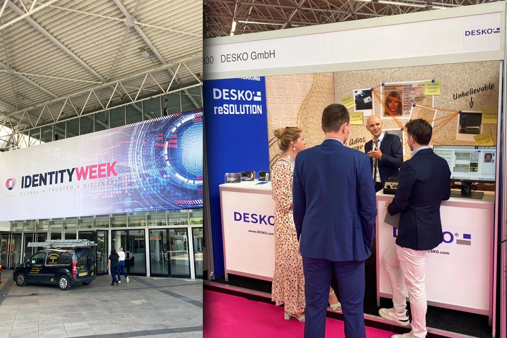 Entrance to the Identity Week trade fair and DESKO stand with product demo and consultation on identity verification.
