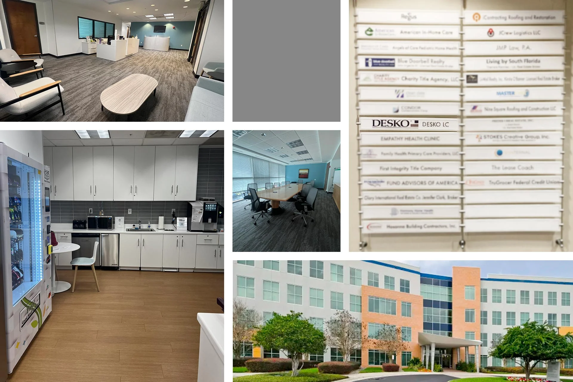 Collage de im&aacute;genes con zona de recepci&oacute;n, oficinas y salas de conferencias, cocina com&uacute;n, tabl&oacute;n de anuncios de la empresa y vista exterior de un edificio de oficinas.