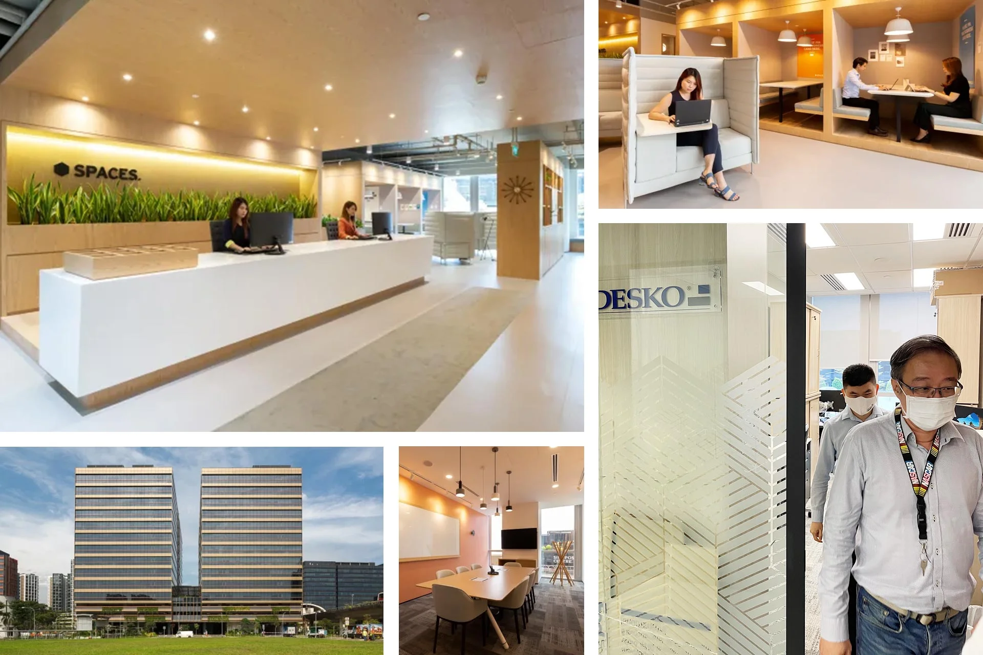 Collage de im&aacute;genes con moderna recepci&oacute;n de coworking, zonas de trabajo y reuni&oacute;n, vista exterior de la torre de oficinas y empleados en pasillos de oficinas.