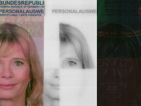 Illustration of a German ID card with visible security features in colour, greyscale and UV view.
