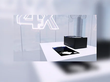 Scanner de documents DESKO 4X sur podium blanc : Scanner compact avec surface de numérisation éclairée dans un environnement de salon moderne.