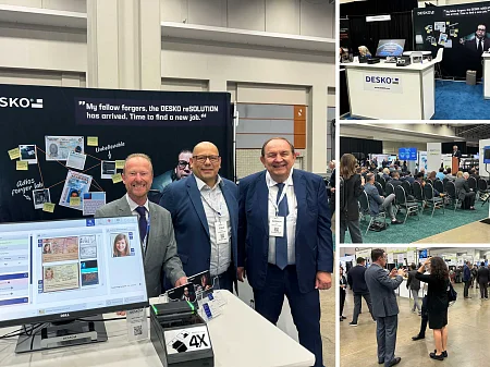 Photo collage from the DESKO trade fair stand: Three employees present software for ID document verification, complemented by impressions of presentations and the crowds of visitors.