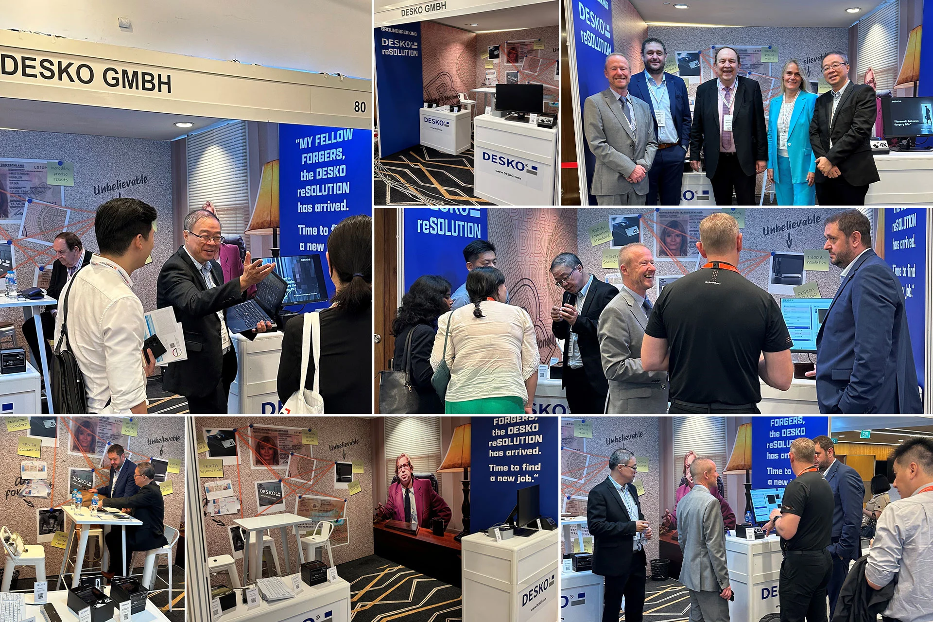 Photo collage from the DESKO trade fair stand: employees present solutions for document verification and hold discussions with international visitors.
